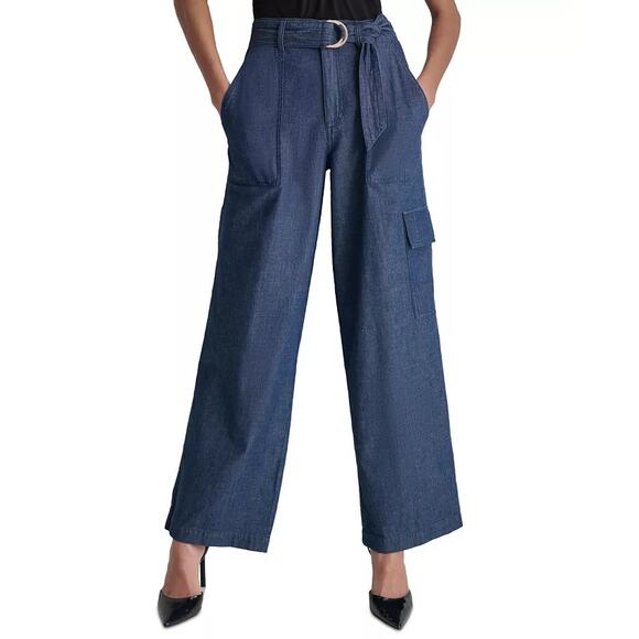 NWT DKNY High-Rise Belted Wide-Leg Denim Cargo Pants Size 8 - Picture 1 of 7